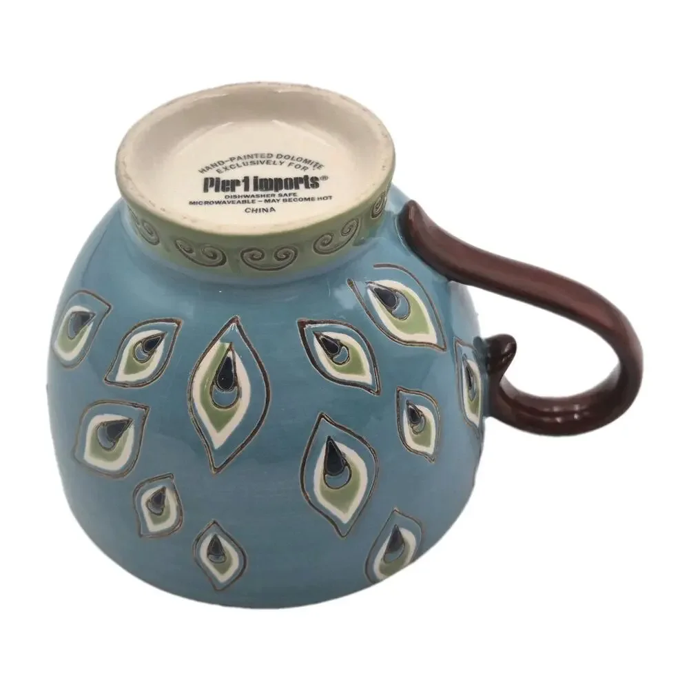 Pier 1 Handpainted Peacock Feathers Footed Mug 16oz Dolomite GORGEOUS